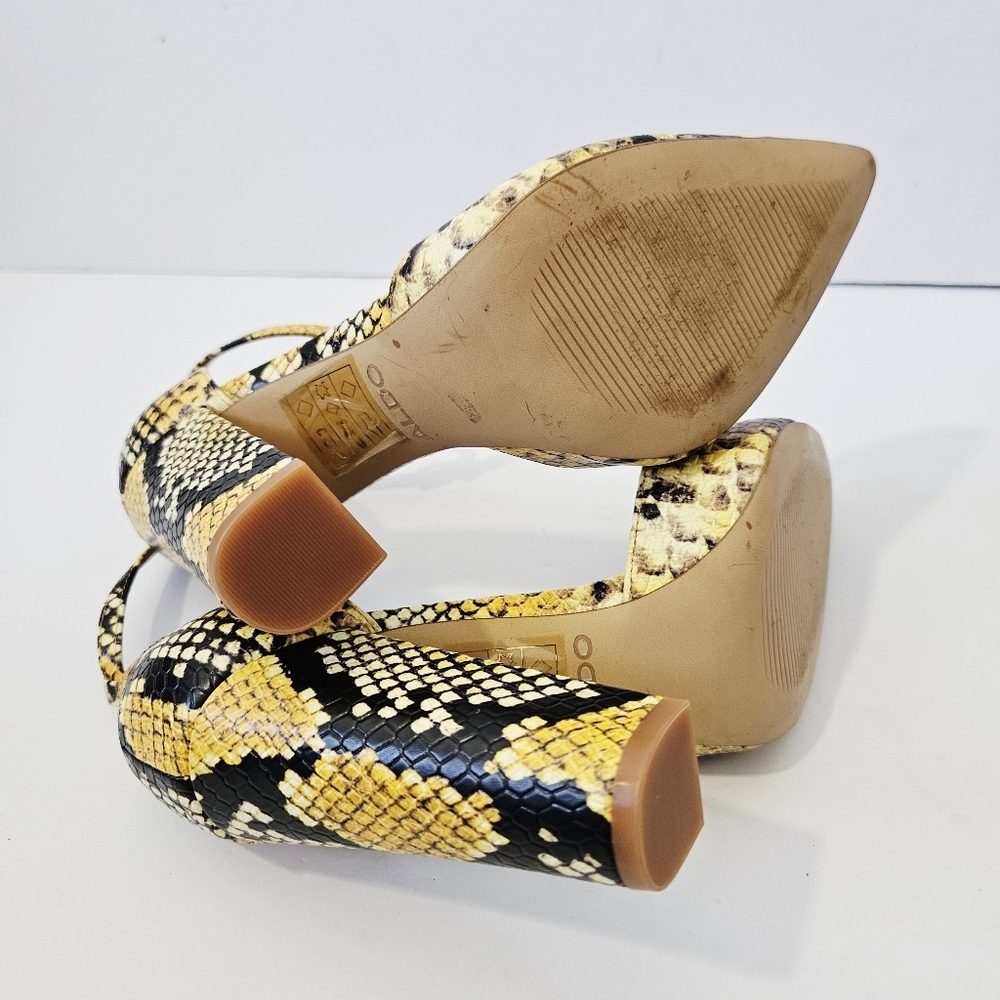Aldo Nicholes Snakeskin Heels Size 6 Yellow Ankle Strap Block Heel EUC - Picture 5 of 6